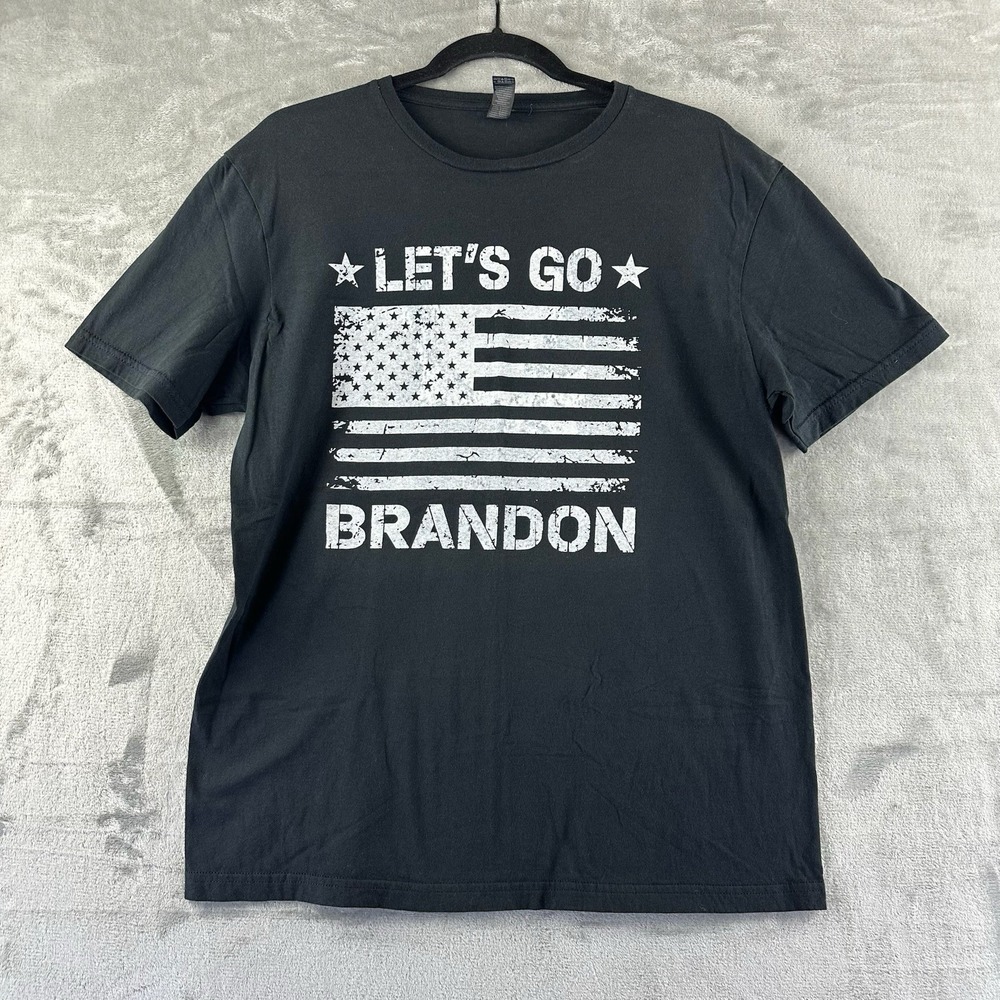 Let's Go Brandon Shirt. Men's L. Black & White. Funny Political American Flag